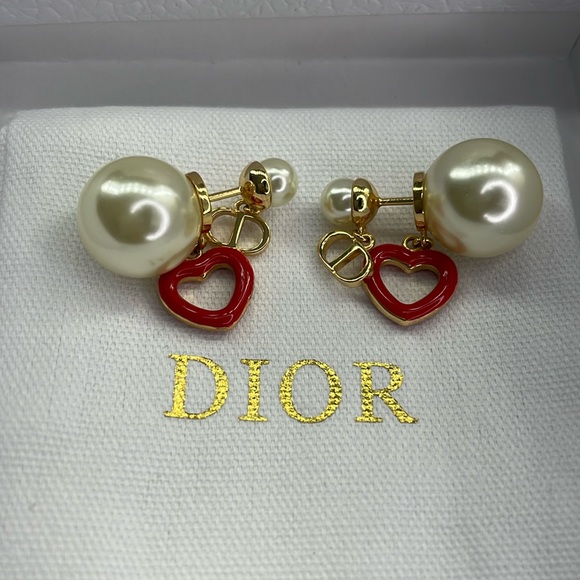 CHRISTIAN DIOR Pearl Heart Tribal Dioramour Earrings Gold Red Authentic - Picture 2 of 7